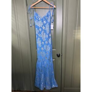 NWT Saylor Kailani Metallic Sea Maxi Resort Mermaid Dress Cerulean Blue Small